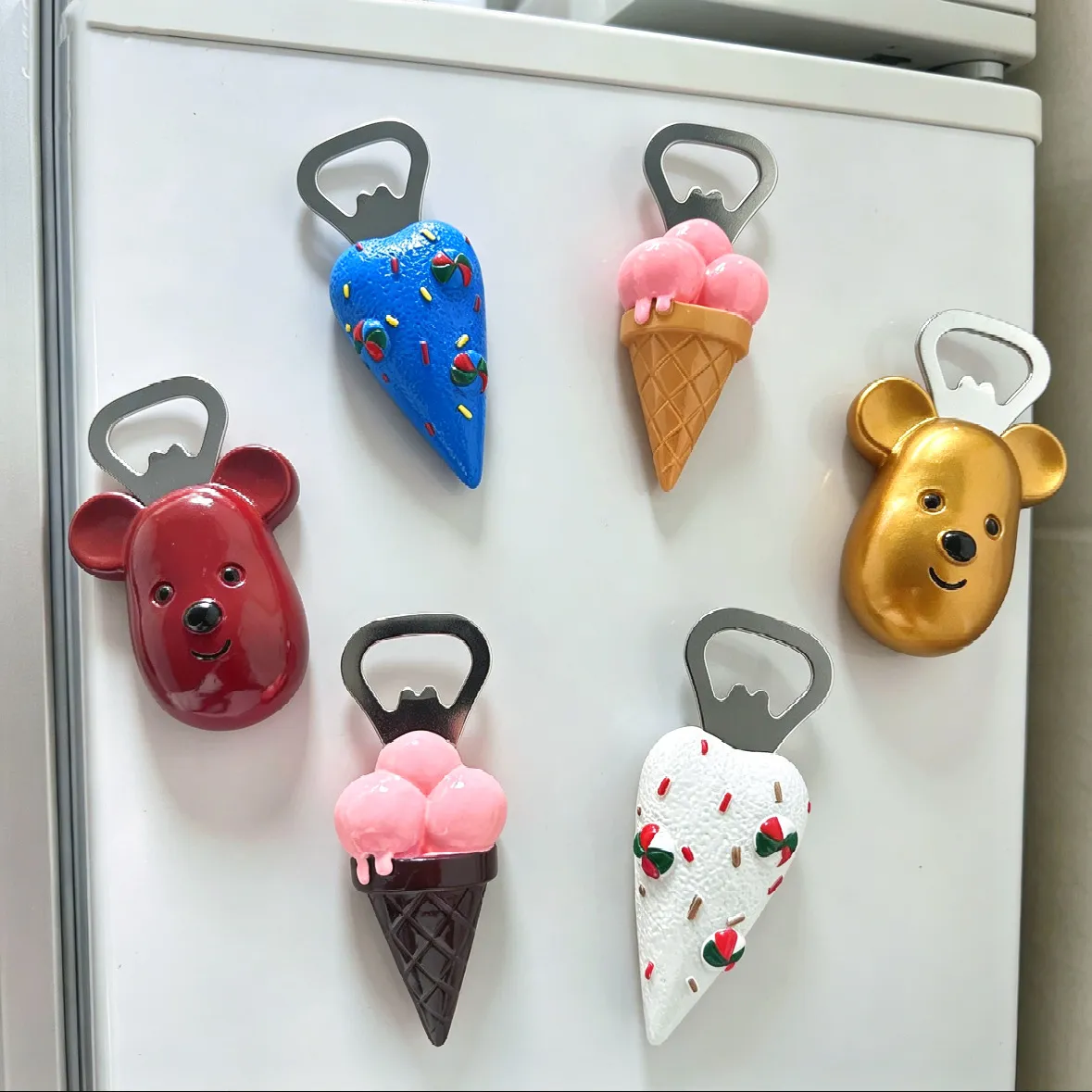 3-in-1 Cute Bear Ice Cream Heart Fridge Magnet Bottle Opener – Adorable Cartoon Multifunctional Magnetic Cap Opener for Kitchen, Bar & Home Decor